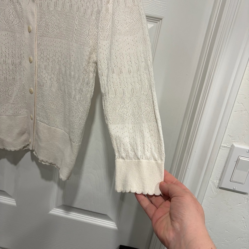 2/$25 White Scalloped Hem Cardigan with Open Knit Pattern and Button Closures - Picture 4 of 5